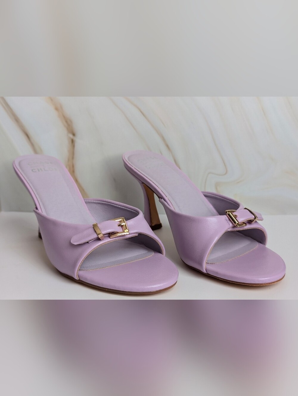 Chase + Chloe Lavender Gold Buckle Mule Heels Size 8 NIB